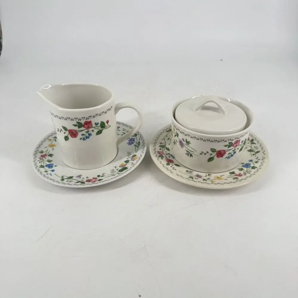 Vintage 1993 Farberware English Garden #225 Sugar Creamer & 2 Saucers Set